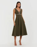 Olive Rhinestone Embellished Crepe A-Line Midi Dress