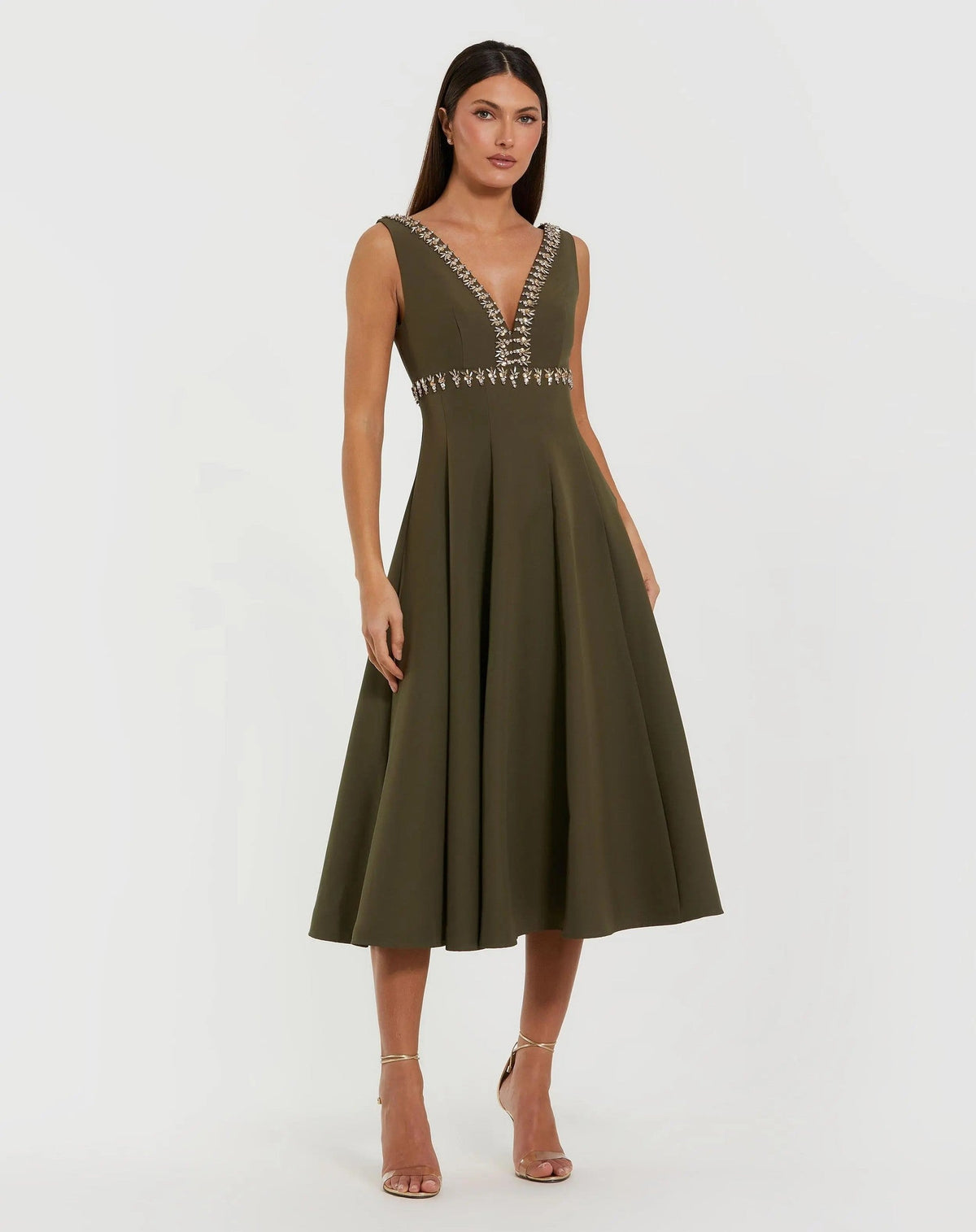 Olive Rhinestone Embellished Crepe A-Line Midi Dress