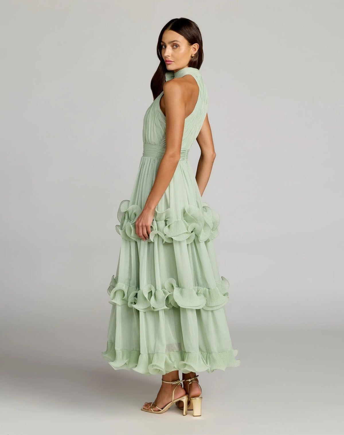 Green Sleeveless Chiffon Halter Neck Ruffle Midi Dress