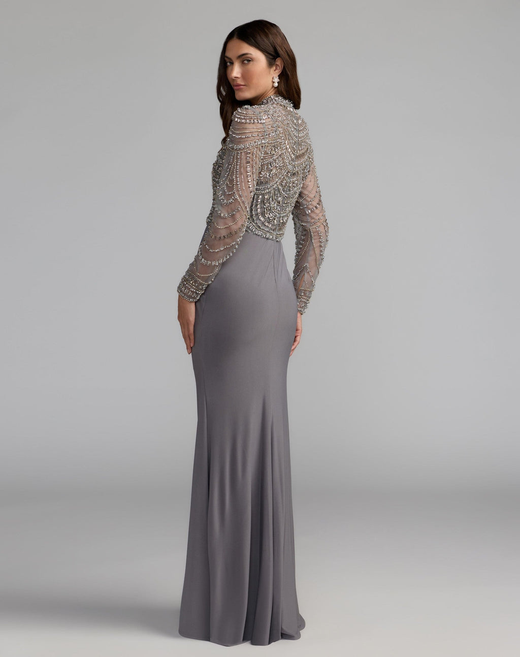 Platinum Beaded Jersey Mock Neck Long Sleeve Gown