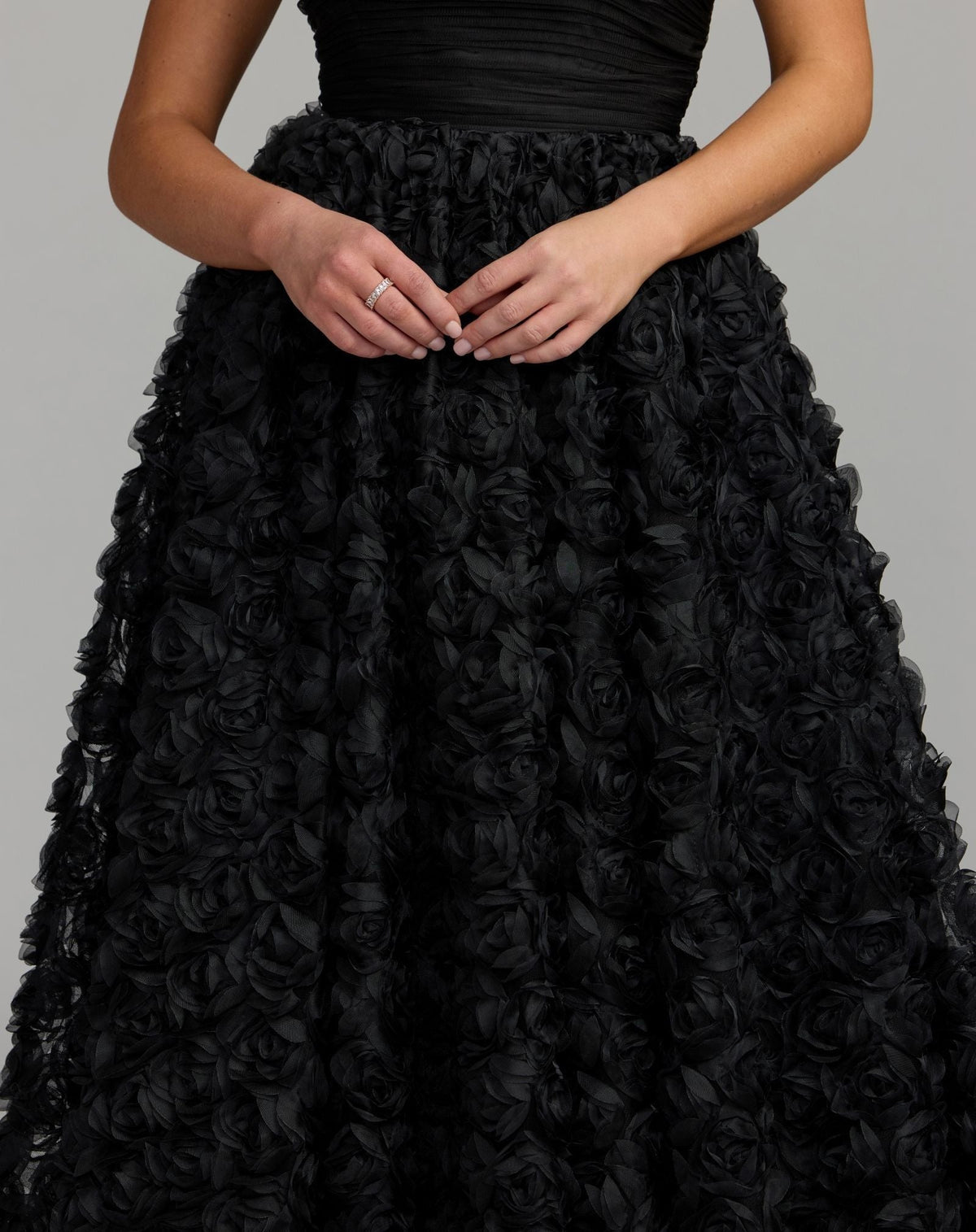 Petite Black Strapless 3D Rosette Ball Gown