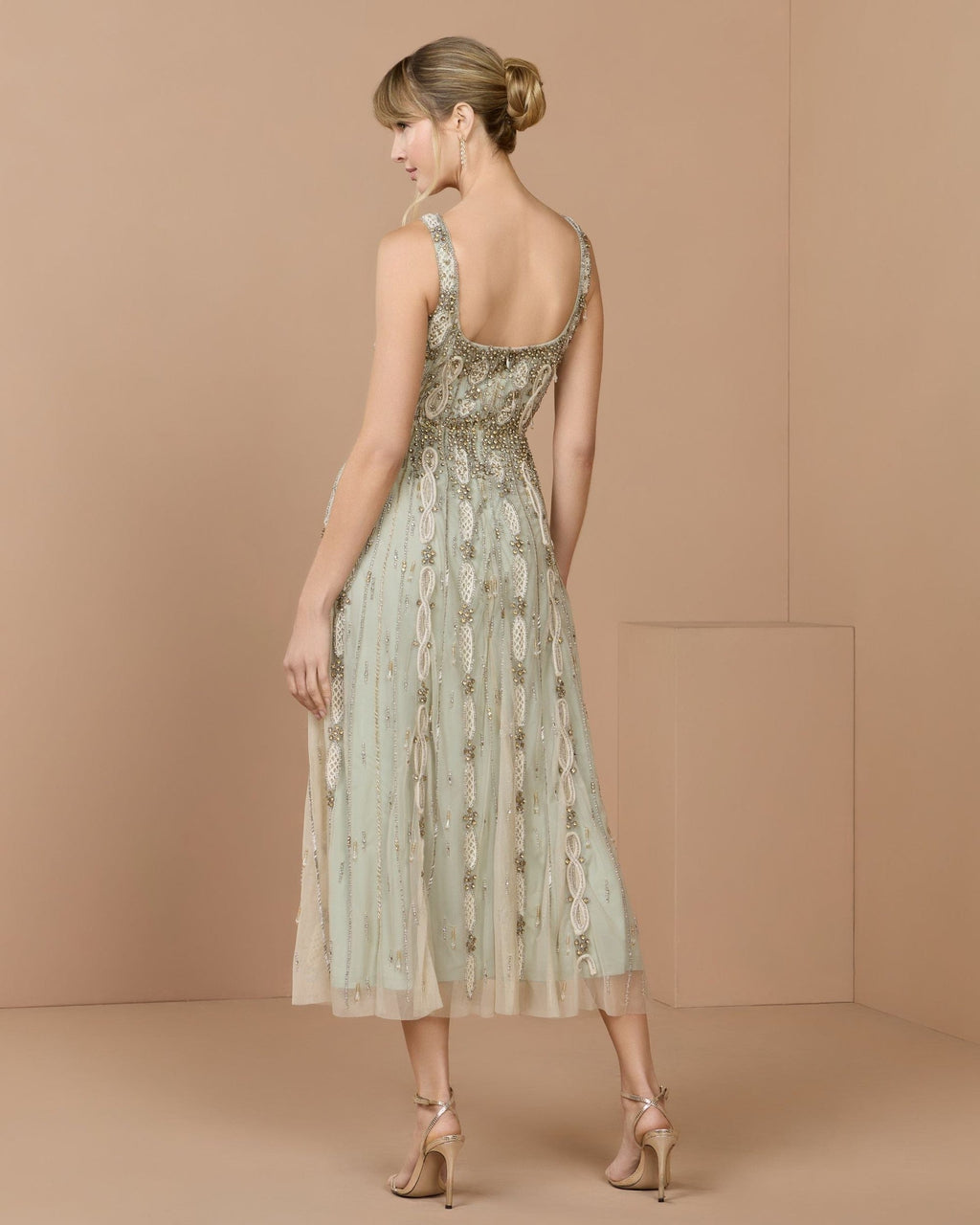 Nude Sage Sleeveless Scoop Neck Embellished Midi Dress