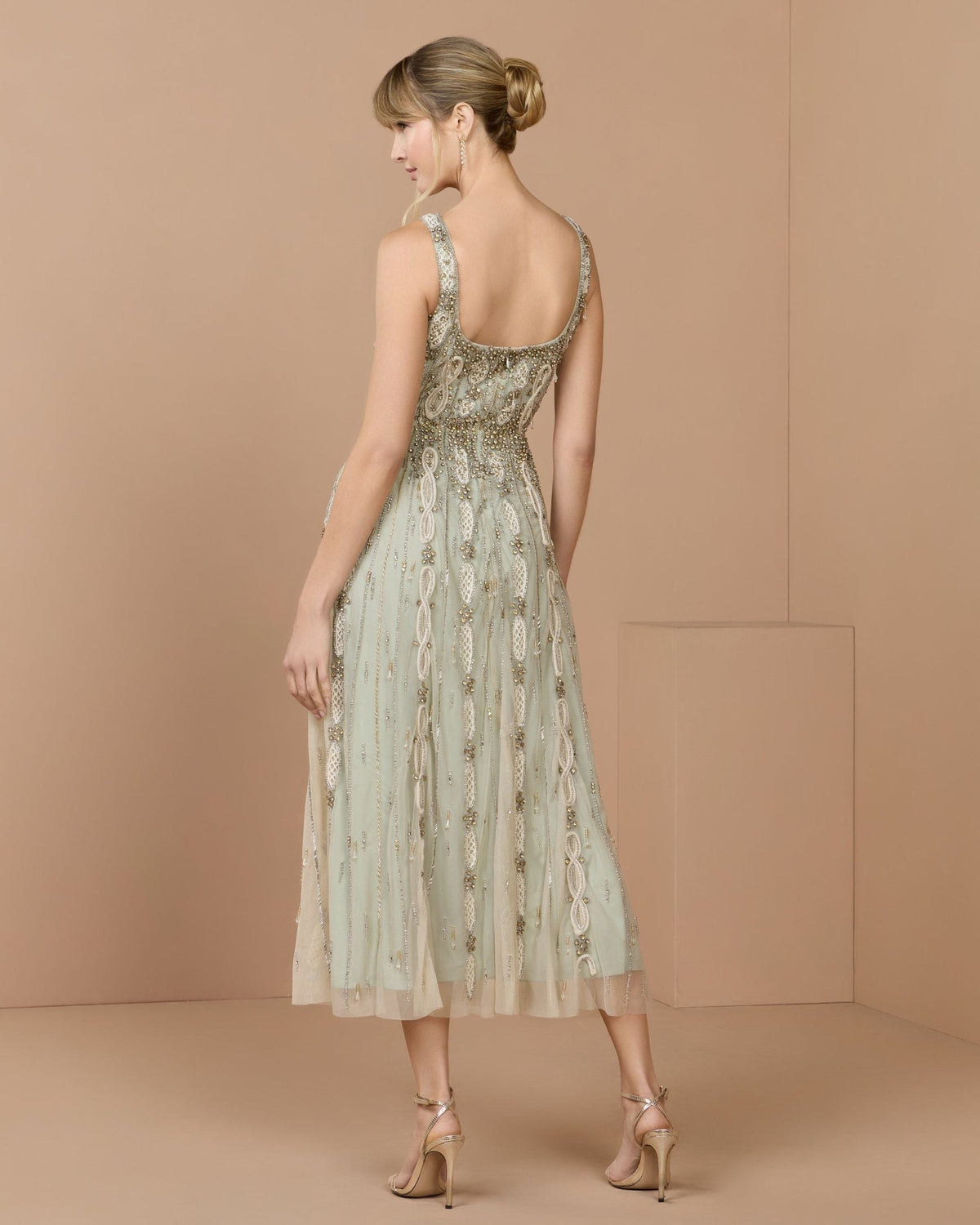 Nude Sage Sleeveless Scoop Neck Embellished Midi Dress