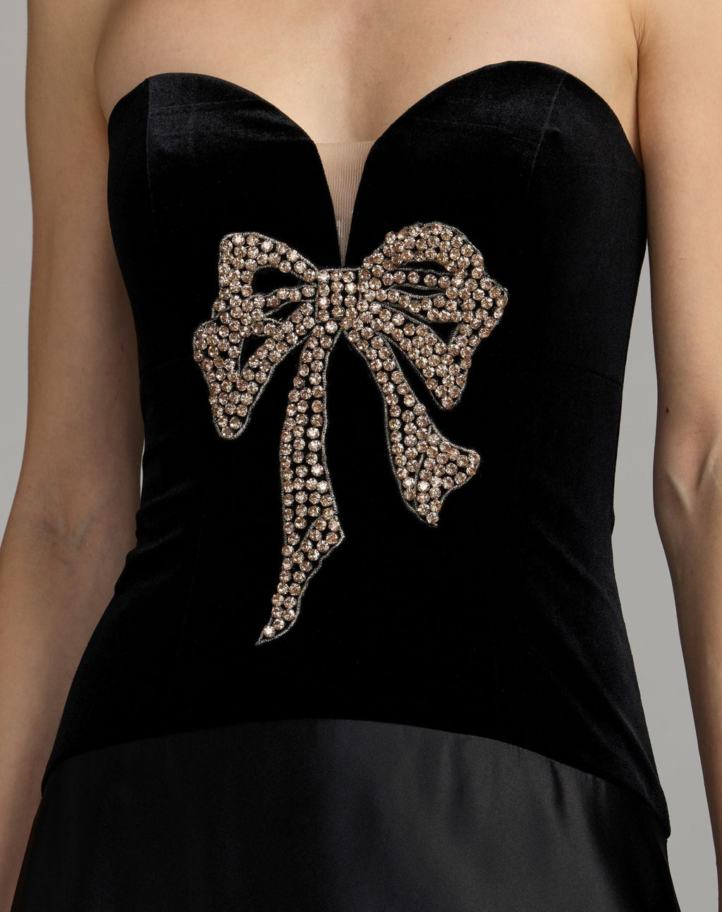 Black Gold Strapless Velvet Gown With Bow Detail