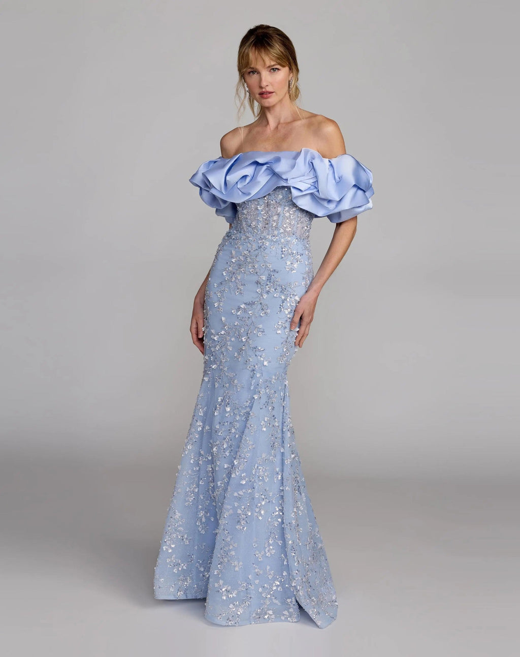 Periwinkle Embellished Mermaid Gown With Off The Shoulder Ruffle