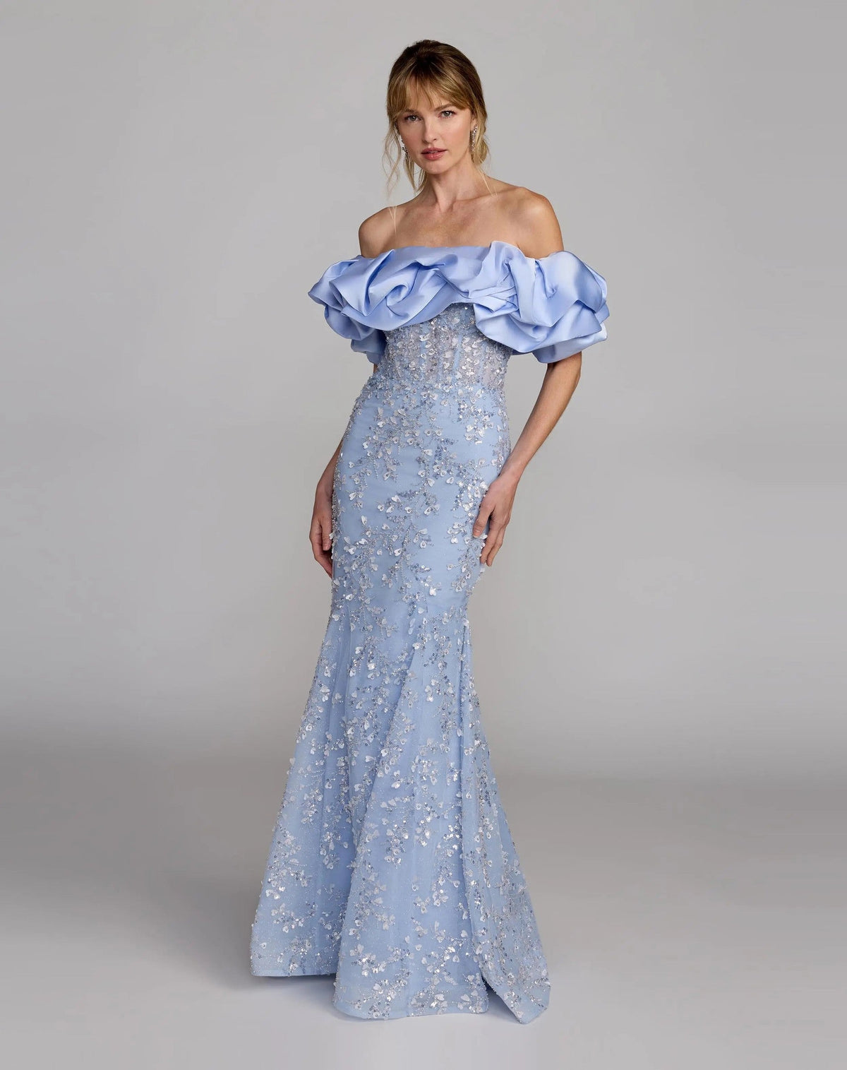Periwinkle Embellished Mermaid Gown With Off The Shoulder Ruffle