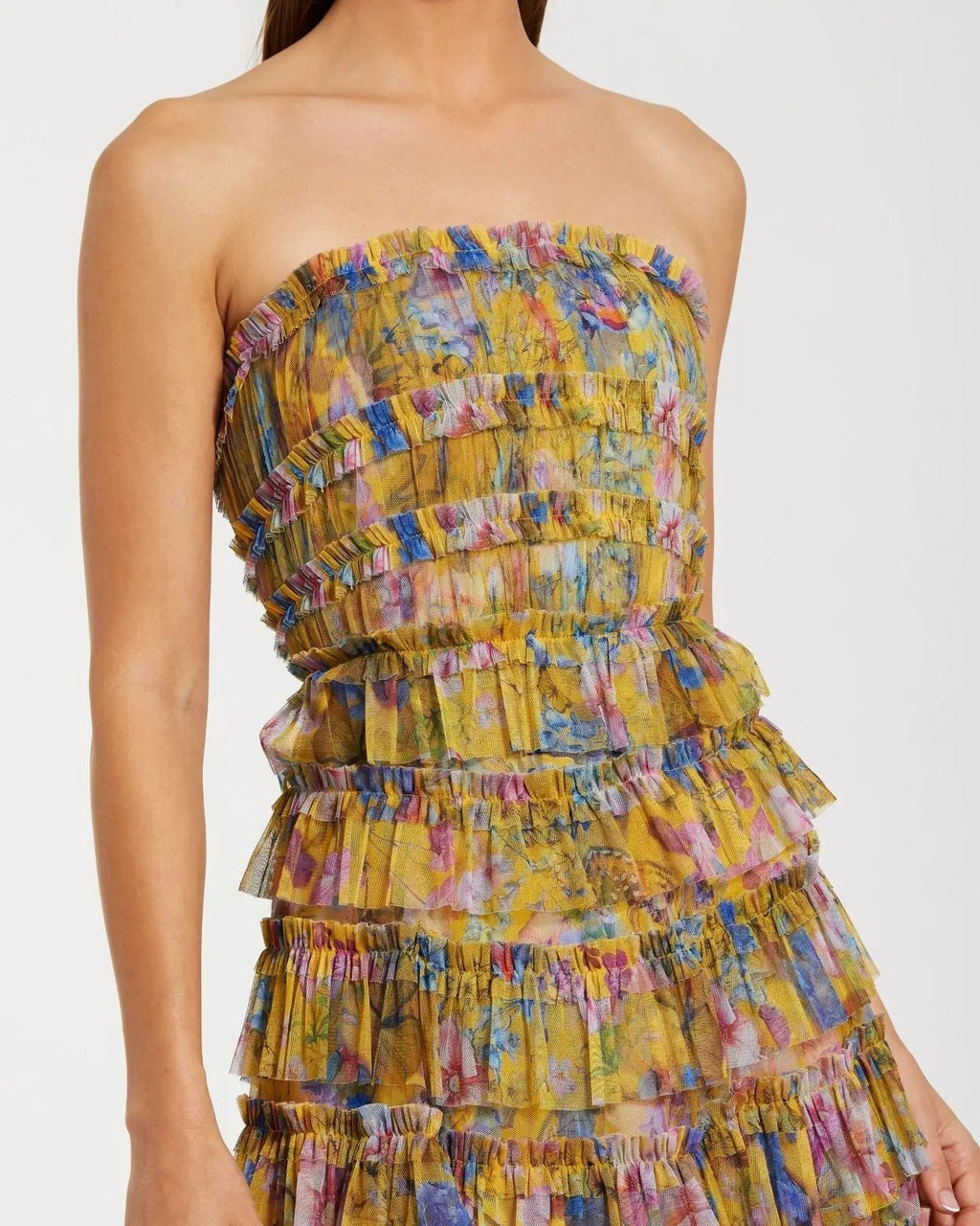 Yellow Multi Floral Tiered Strapless Midi Dress