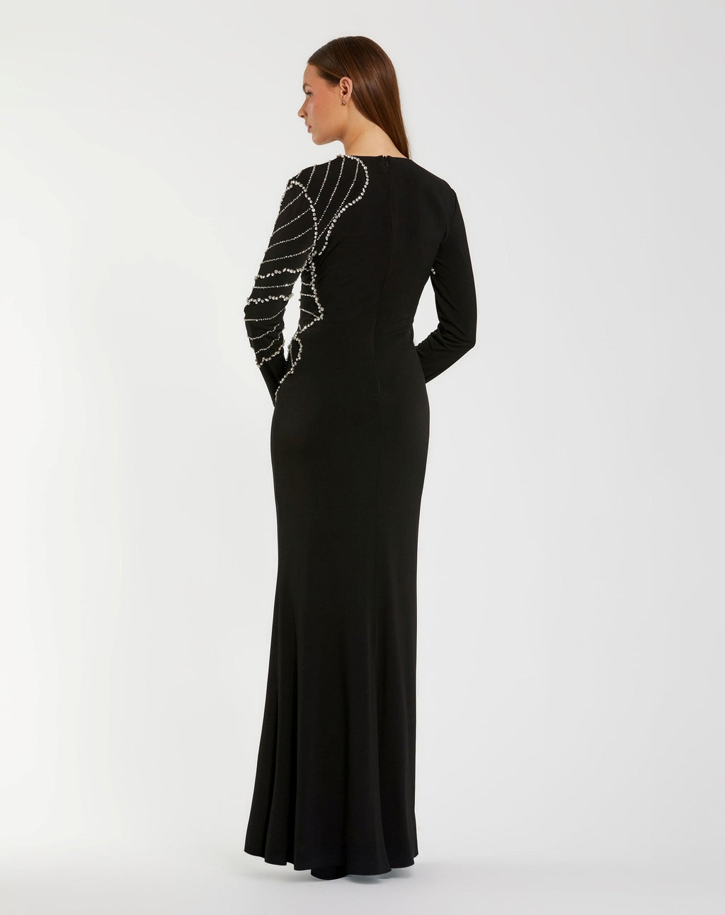 Black Long Sleeve Jersey Gown With Beaded Flower