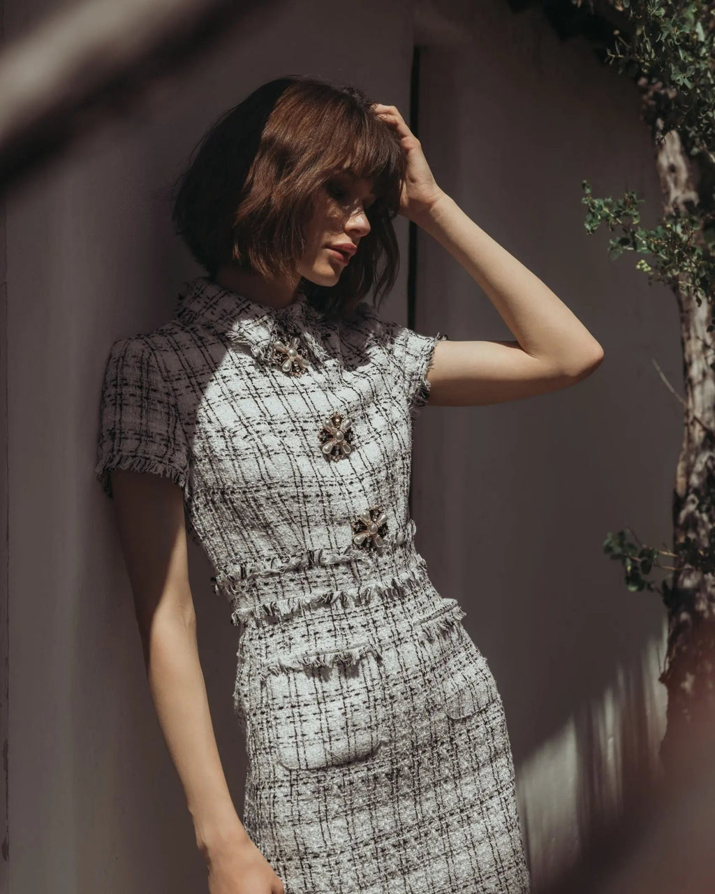 Ivory Fitted Boucle Short Sleeve Button Up Midi Dress