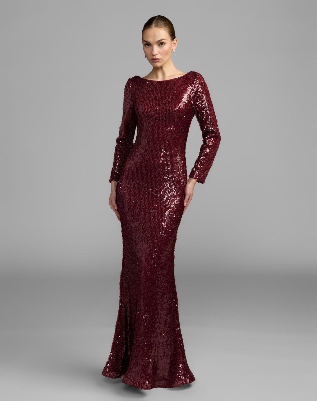 Long Sleeve Cowl Back Sequin Gown
