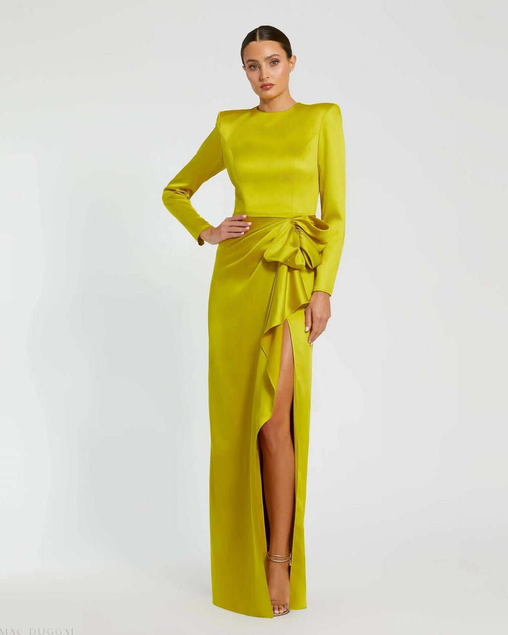 Green Long Sleeve Satin Structured Bow Draped Column Gown