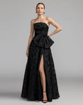 Petite Black Strapless Brocade A-Line Gown With Bow