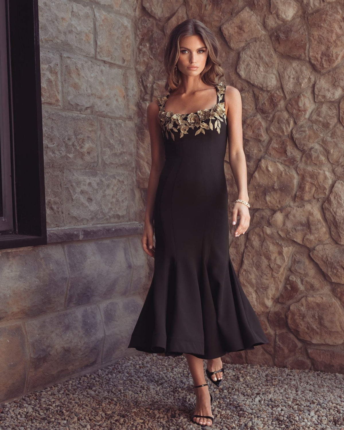 Black 3D Floral Trumpet Midi Dress