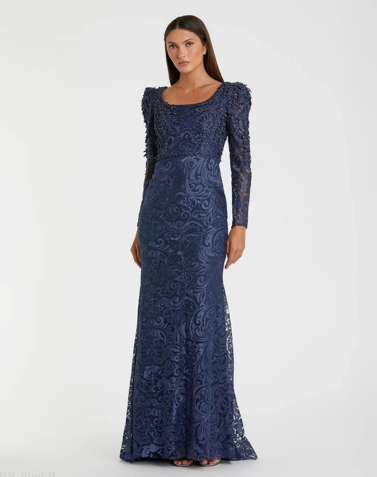Navy Long Sleeve Embroidered Applique Trumpet Gown - FINAL SALE