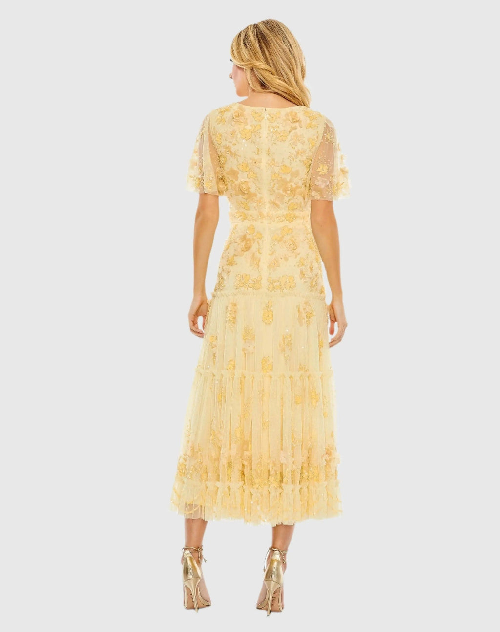 Yellow Floral Embellished Flutter Sleeve Dress
