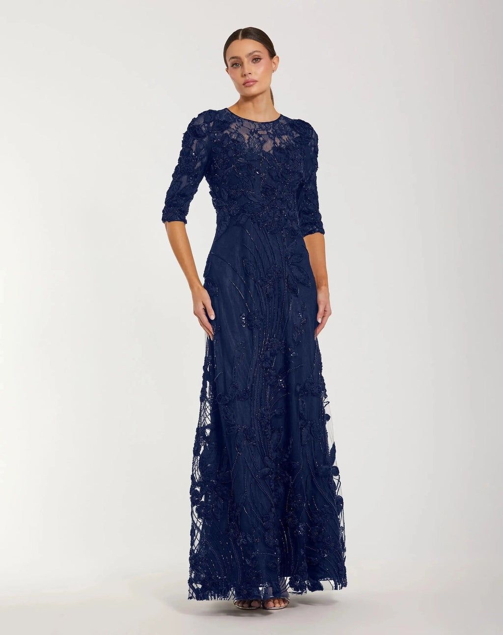 Navy High Neck Embellished Lace Gown With 3/4 Sleeves
