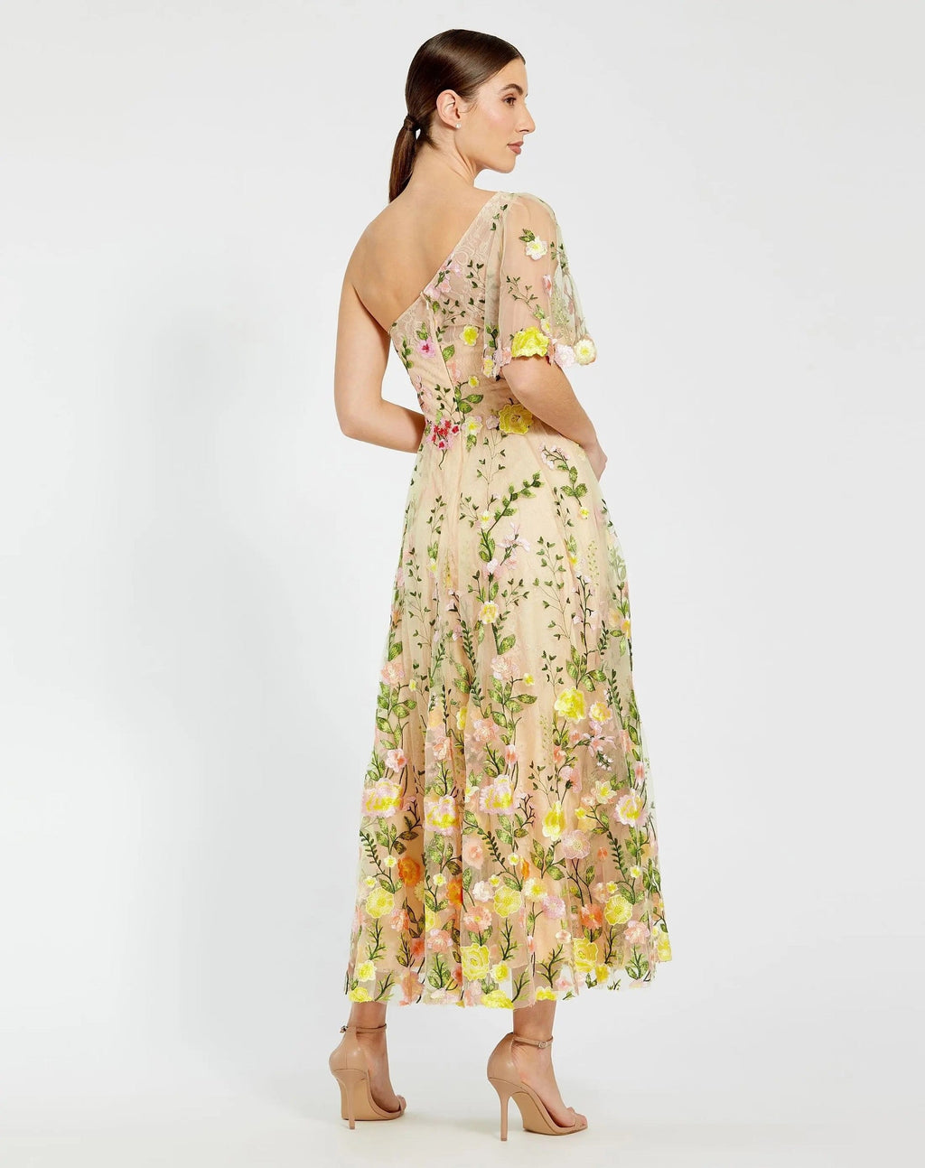 Yellow One Shoulder Lace Embroidered Dress