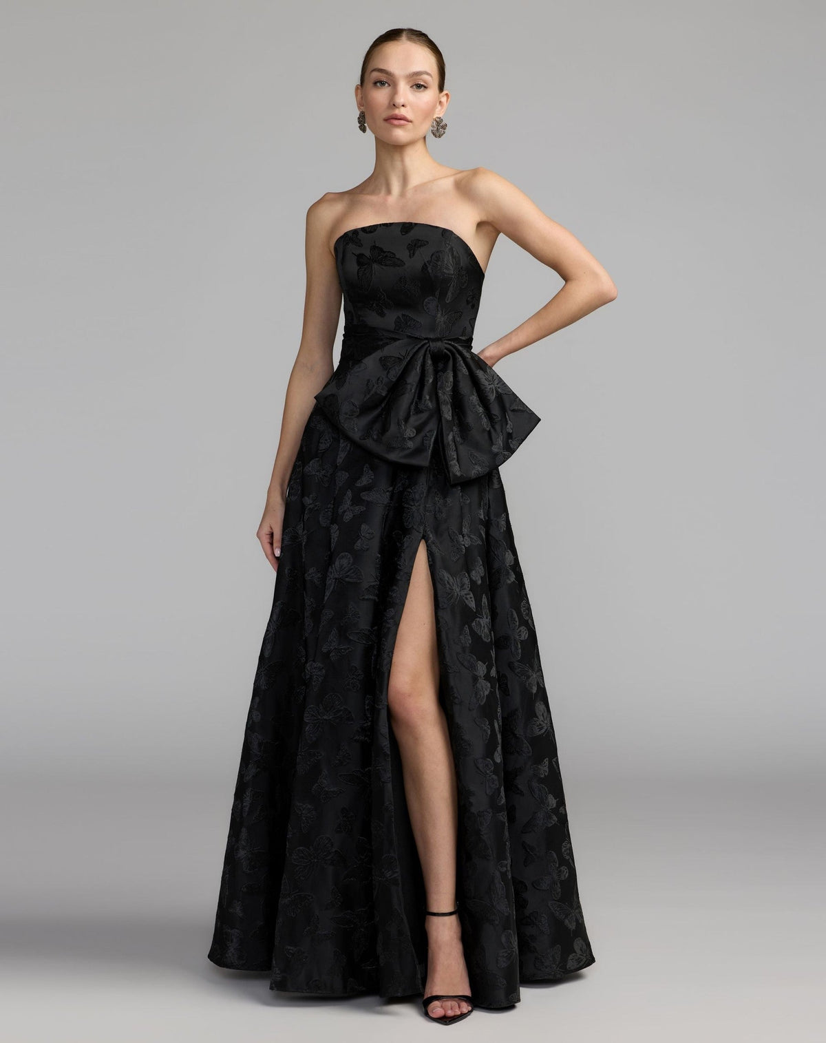 Strapless Brocade A-Line Gown With Bow