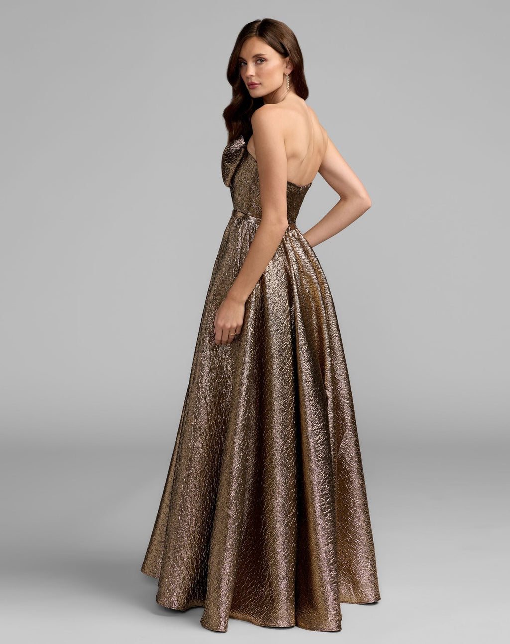 Antique Bronze Metallic Strapless Gown With Bow