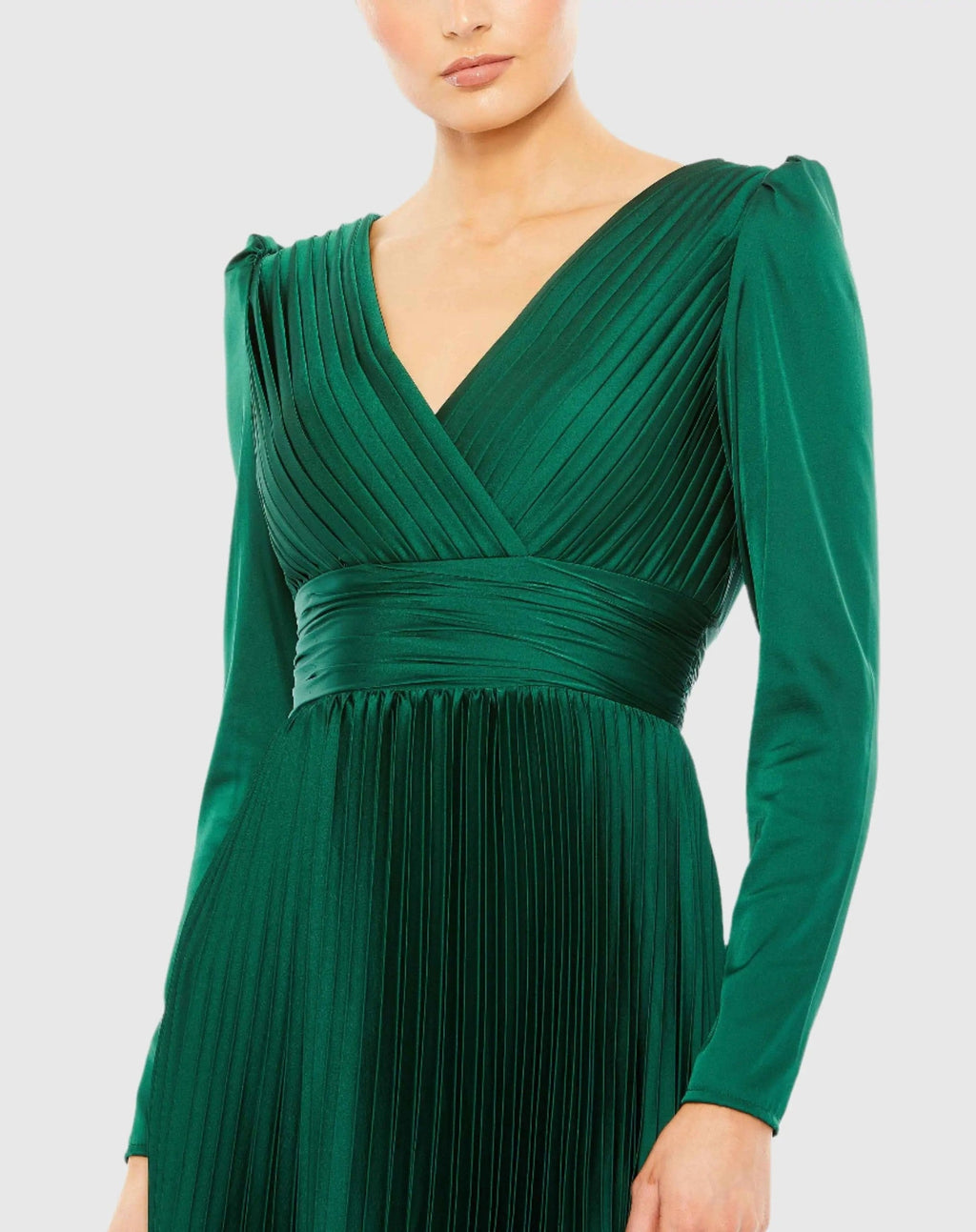 Emerald Pleated Long Sleeve V-Neck Gown