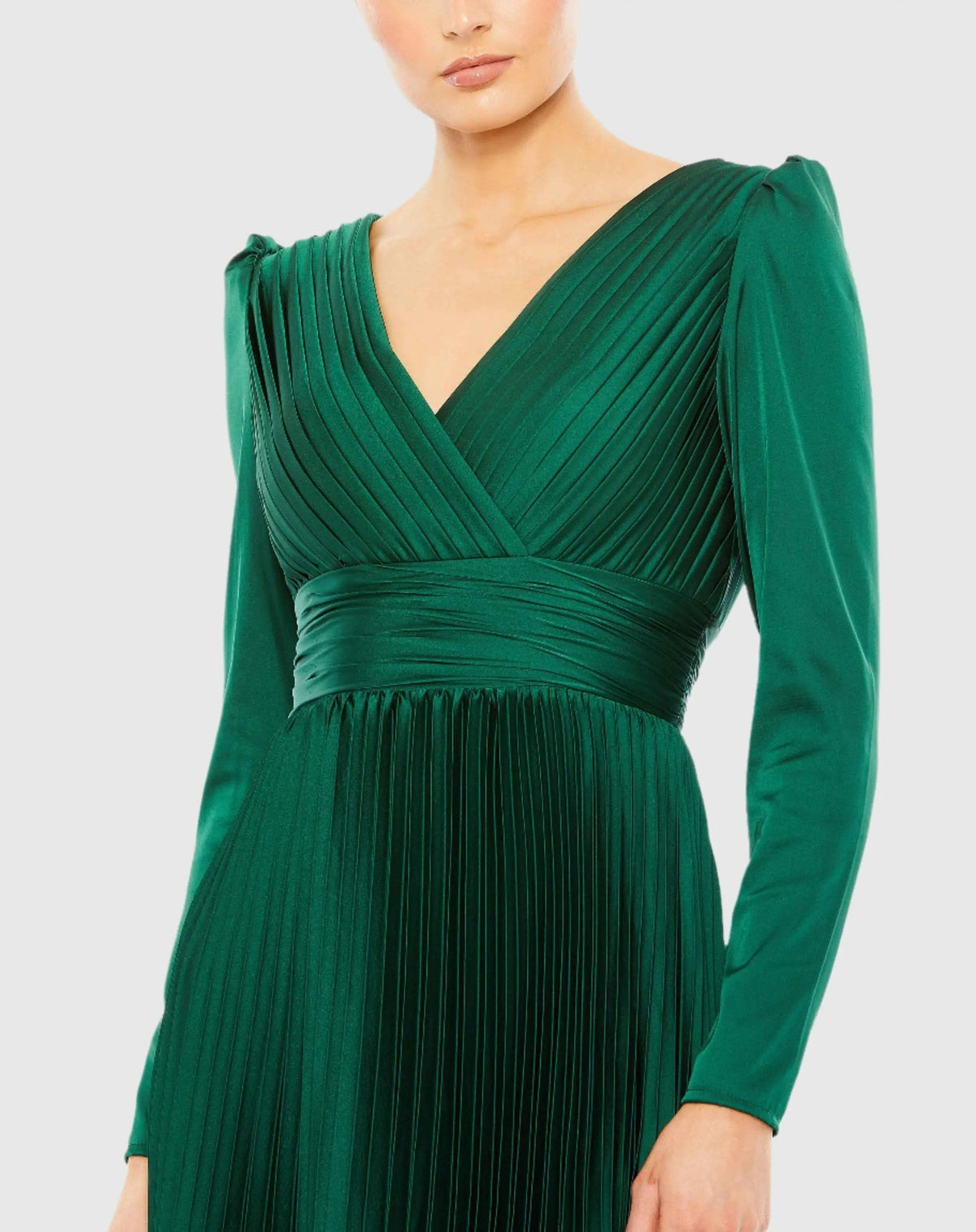 Emerald Pleated Long Sleeve V-Neck Gown