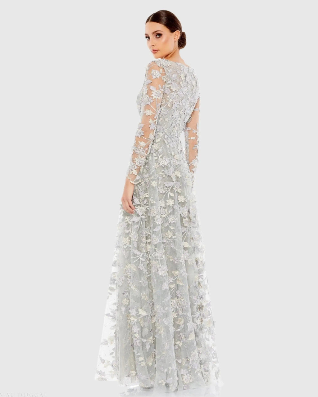 Gray Floral Applique Long Sleeve Illusion Gown