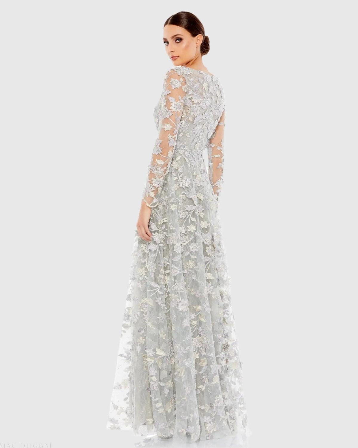 Gray Floral Applique Long Sleeve Illusion Gown