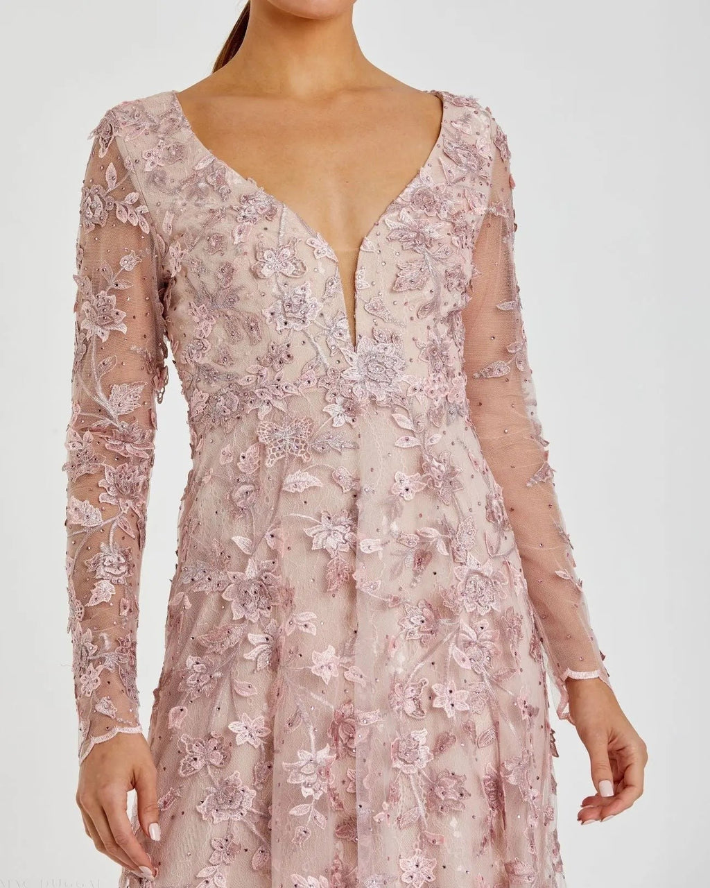 Pink Floral Applique Long Sleeve Illusion Gown