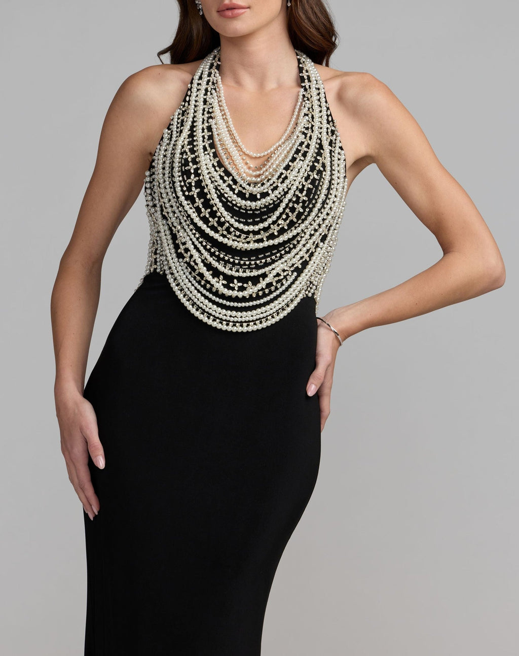 Black Beaded Halter Neck Jersey Gown