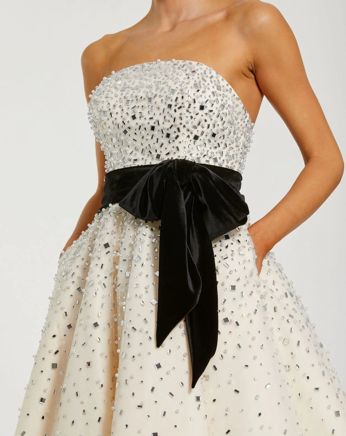 Black Cream Strapless Midi Dress with Velvet Bow