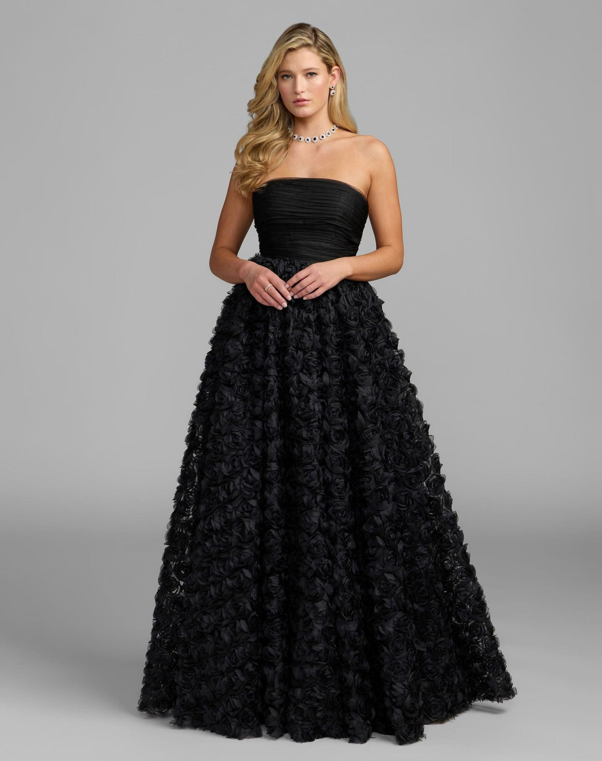 Petite Black Strapless 3D Rosette Ball Gown