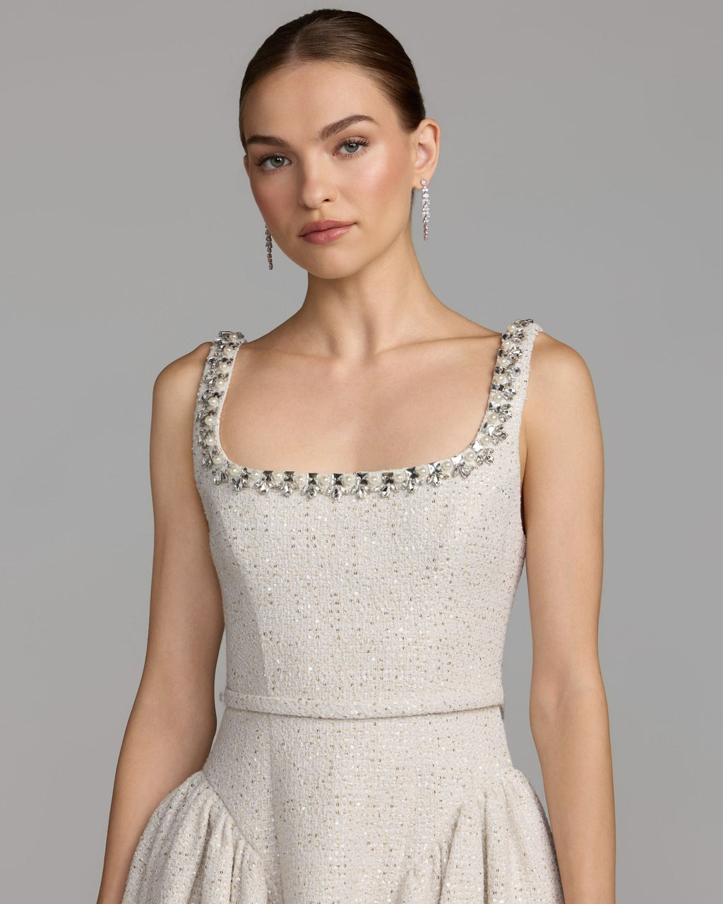 Ivory Embellished Boucle Fit and Flare Mini Dress
