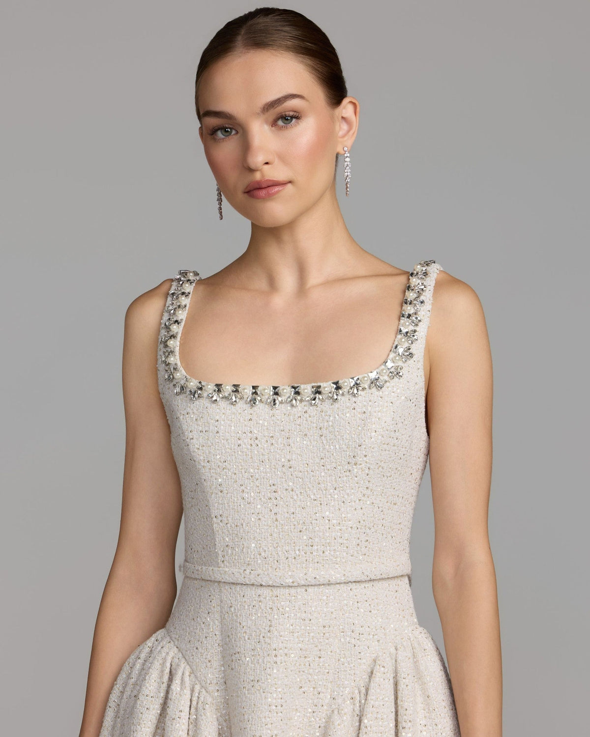 Ivory Embellished Boucle Fit and Flare Mini Dress
