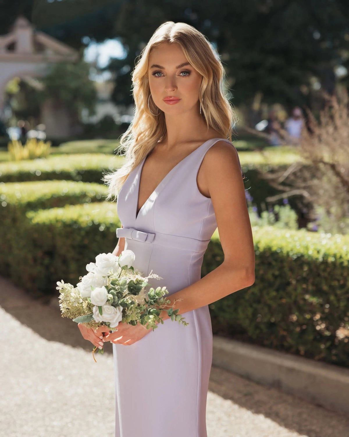 Lilac Crepe V-Neck Mermaid Gown With Bow