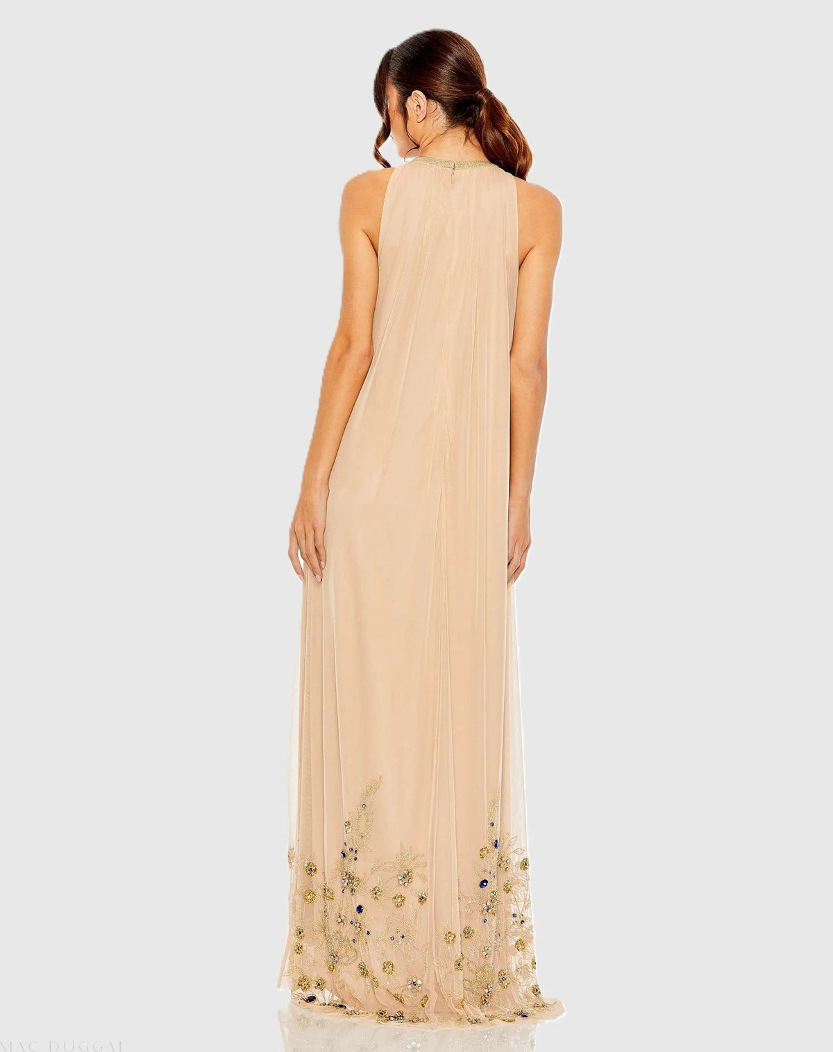 Beige High Neck Floral Embellished Trapeze Gown
