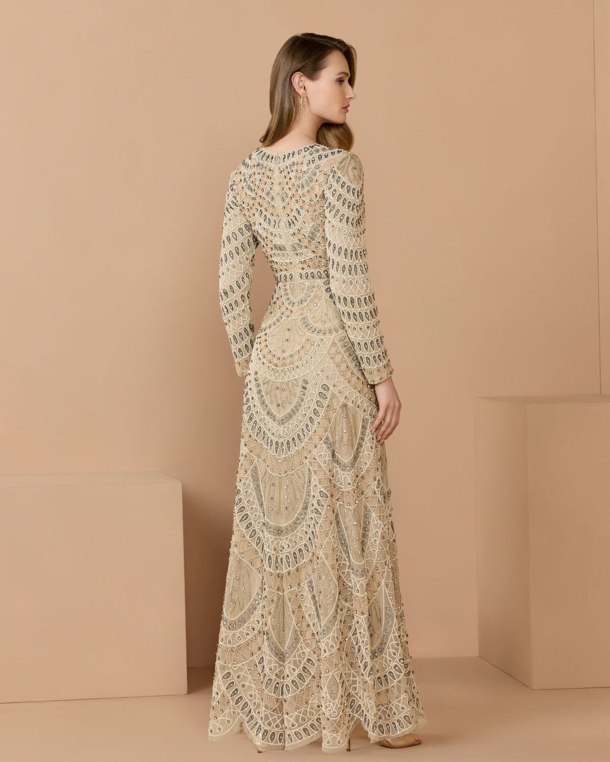 Beige Long Sleeve Hand Beaded A-Line Gown