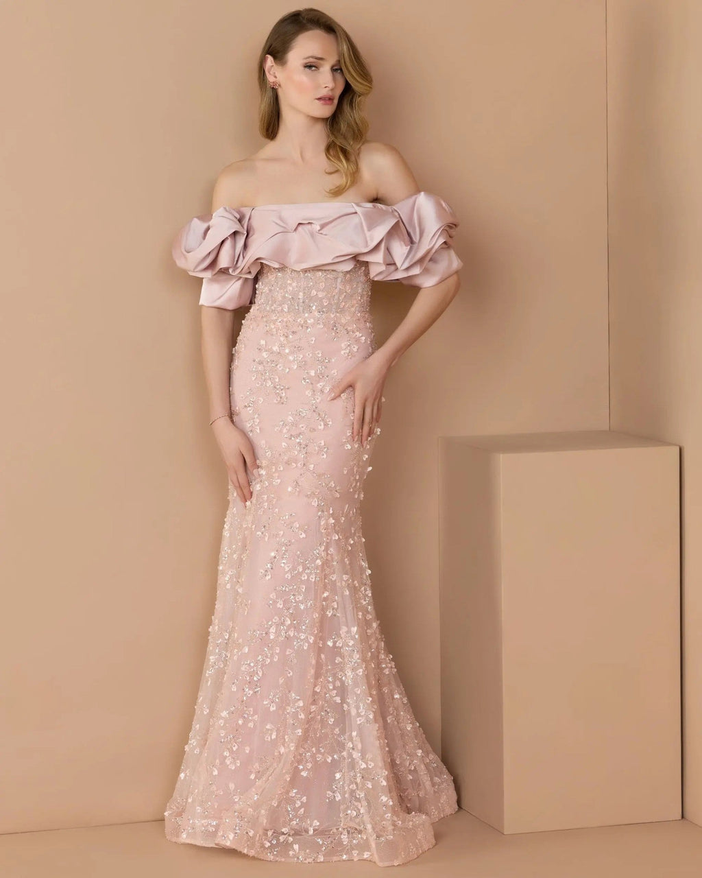 Rose Embellished Mermaid Gown With Off The Shoulder Ruffle