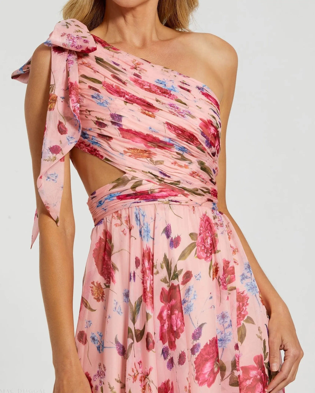 Blush Multi Floral Chiffon One Shoulder Cut Out Gown