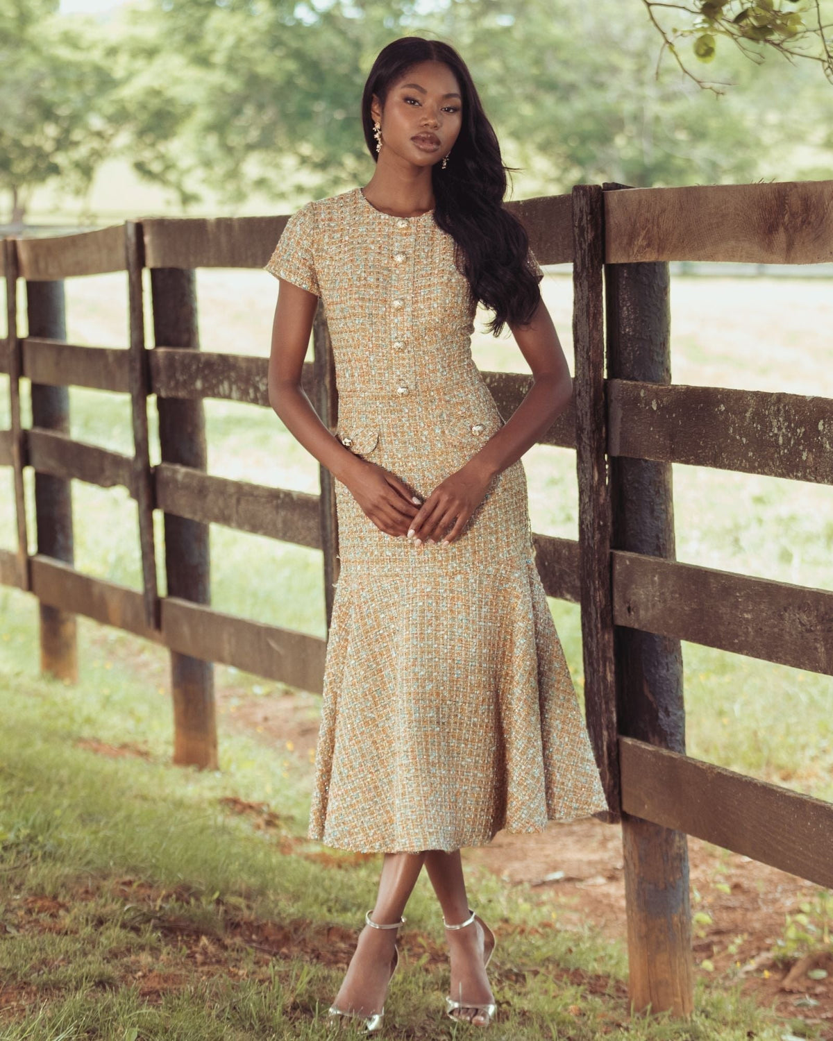 Beige High Neck Short Sleeve Boucle Midi Dress