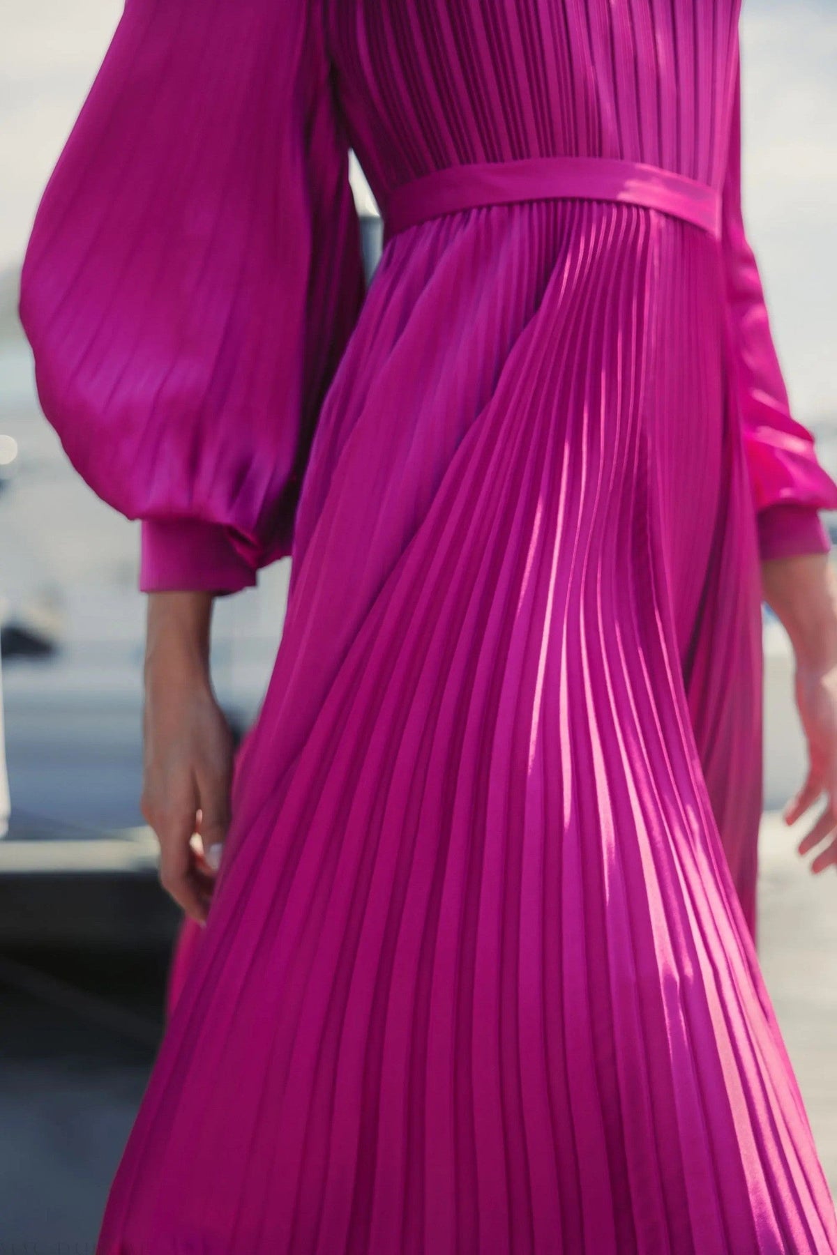Fuchsia Long Sleeve Pleated Charmeuse Handkerchief Dress