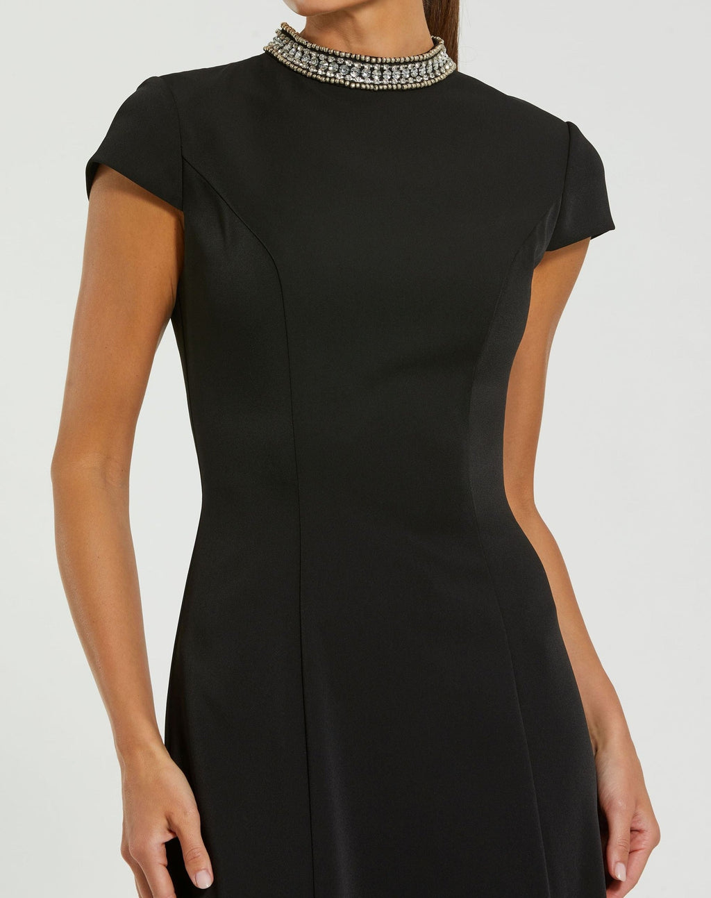 Black Cap Sleeve Gown With Embellished Neckline