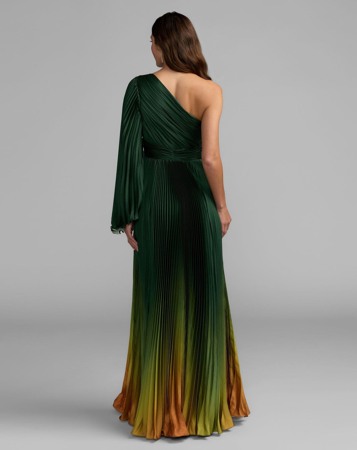 Petite Green Pleated Charmeuse One Shoulder Ombre Gown