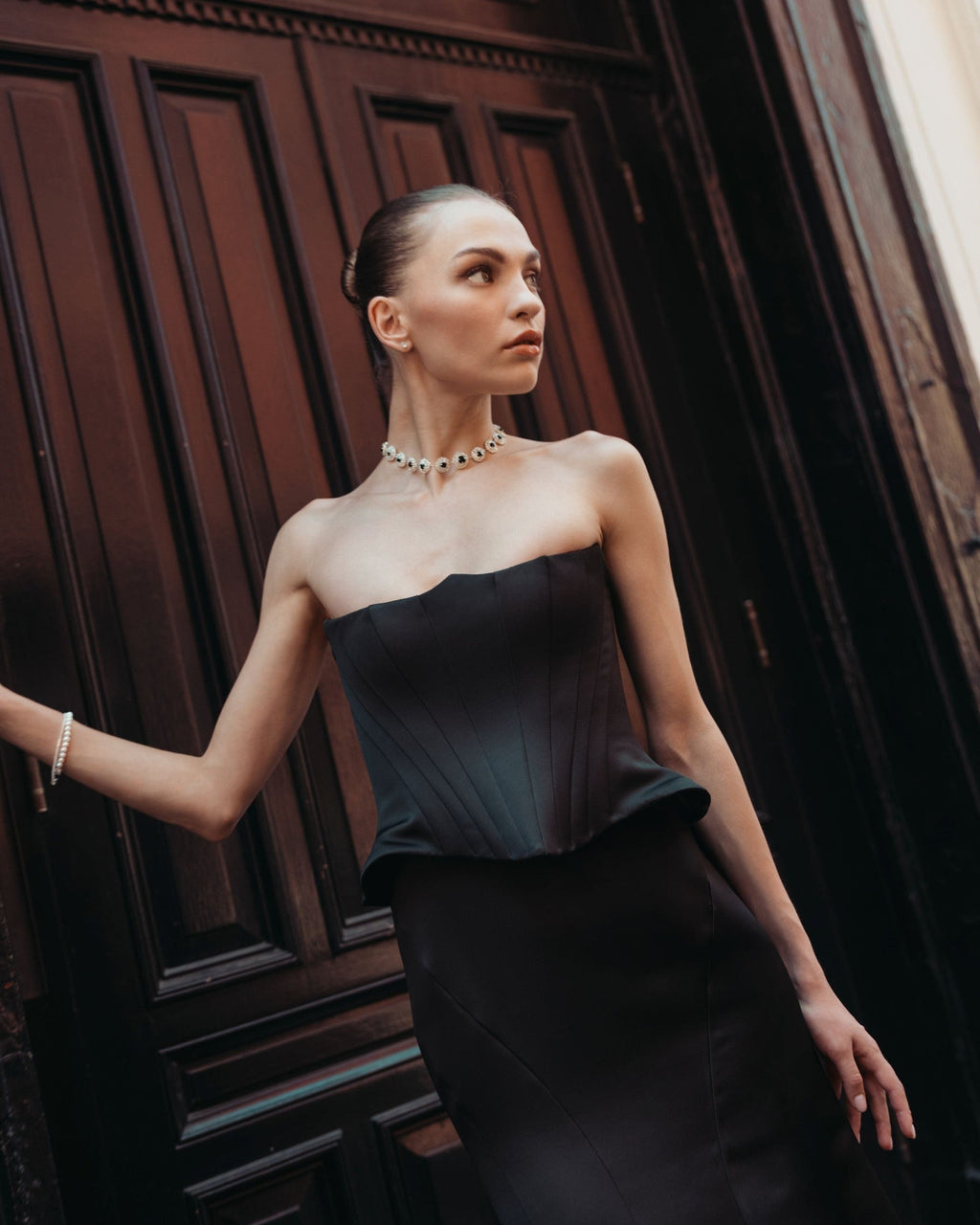 Black Strapless Satin Corset Peplum Gown