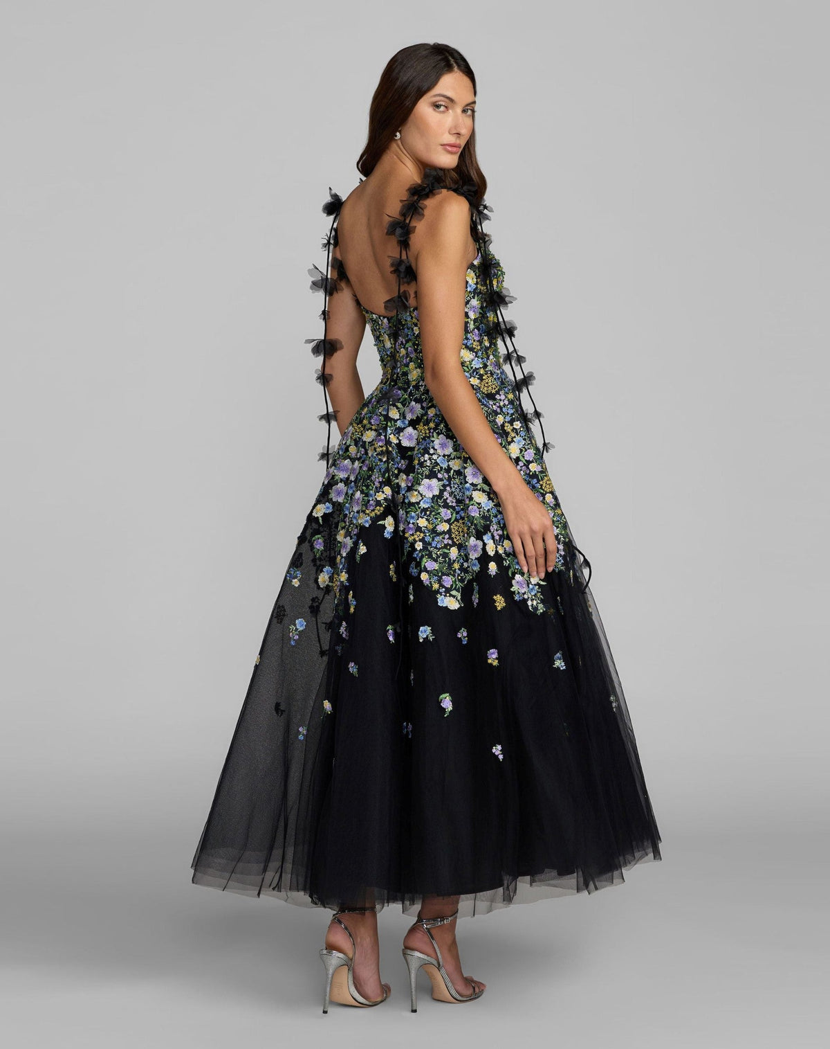 Black Floral Embroidered Sweetheart Neck A-Line Dress