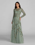 Sage Beaded Long Sleeve A Line Gown