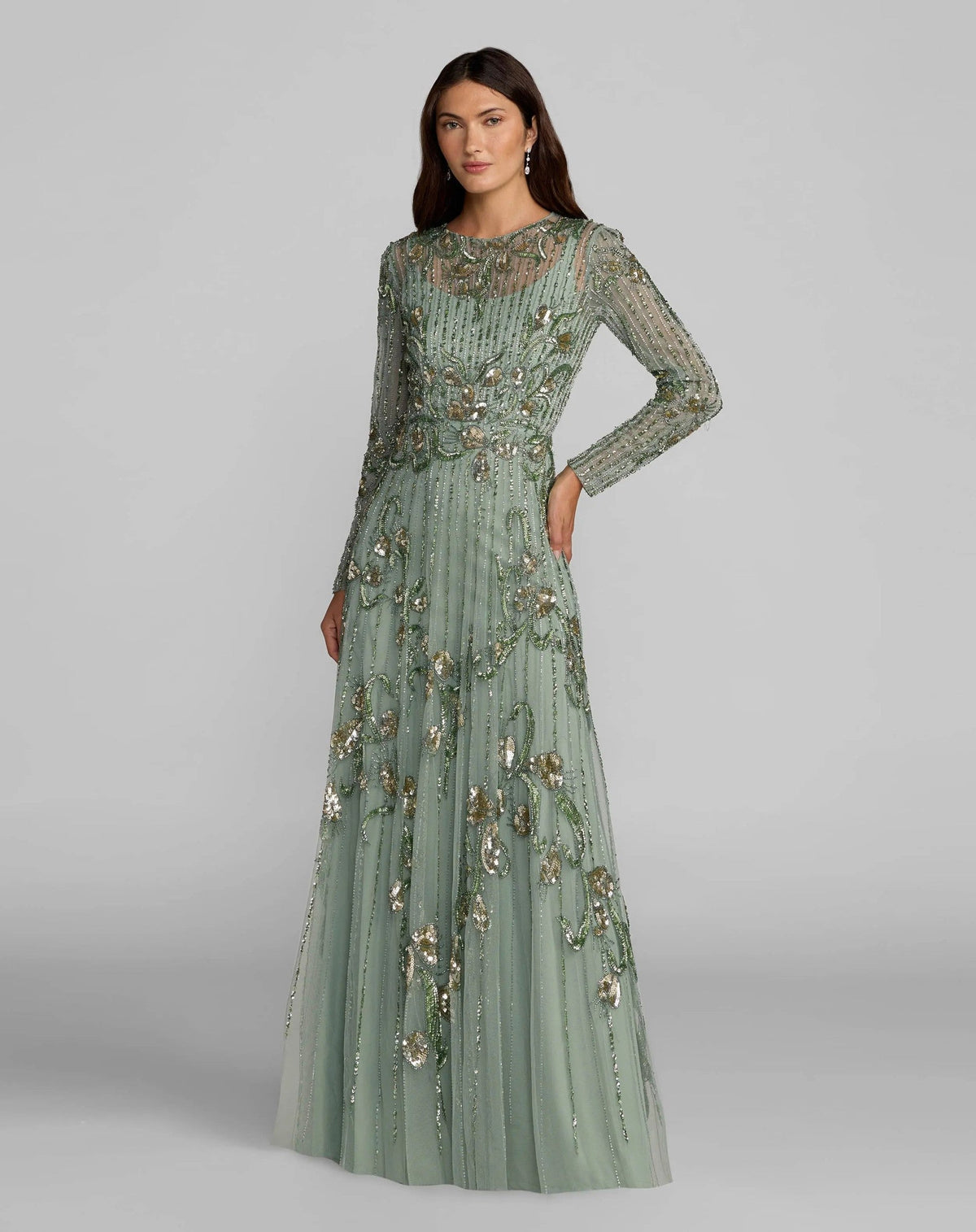 Sage Beaded Long Sleeve A Line Gown