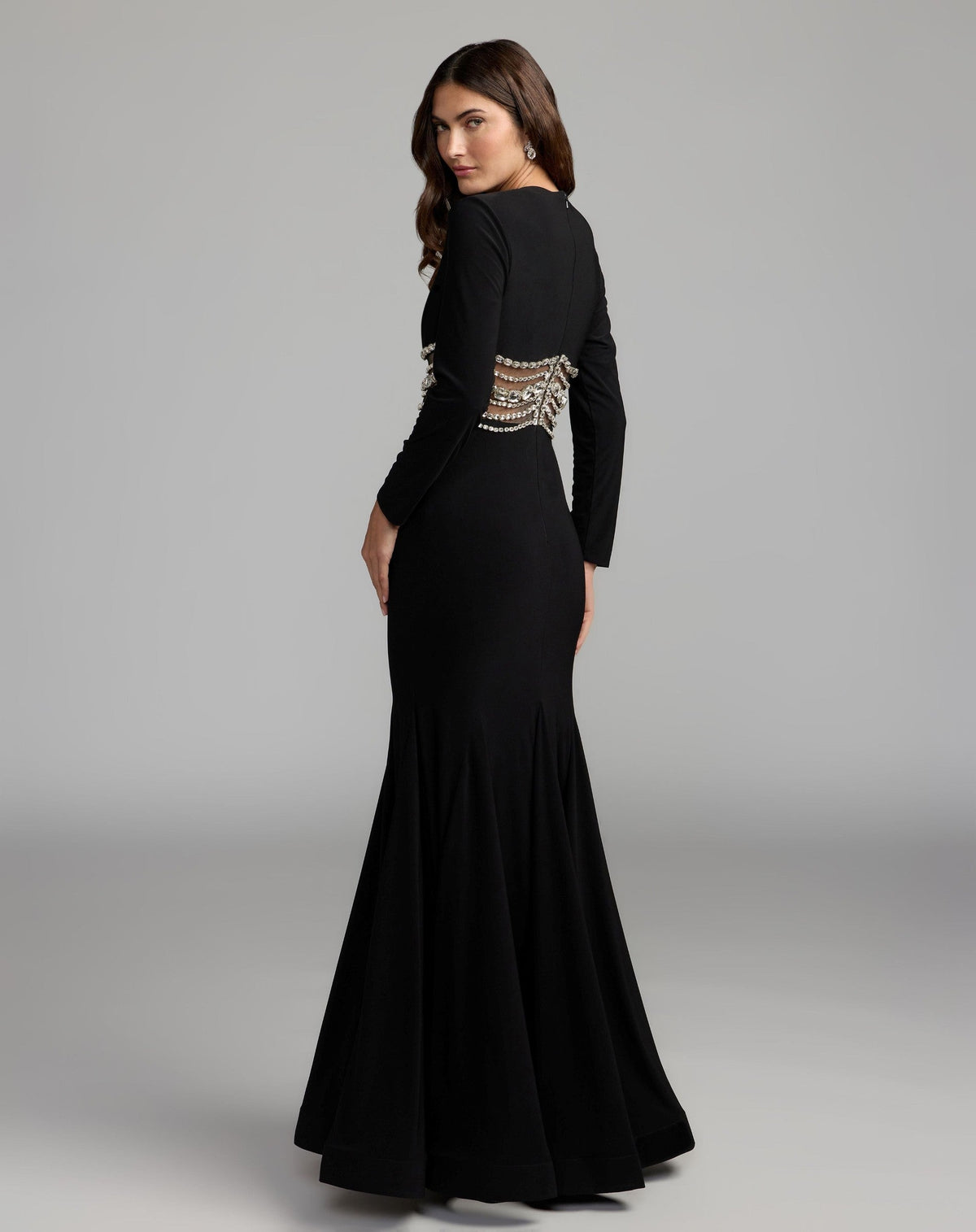 Black Long Sleeve Jersey Gown With Crystal Detail