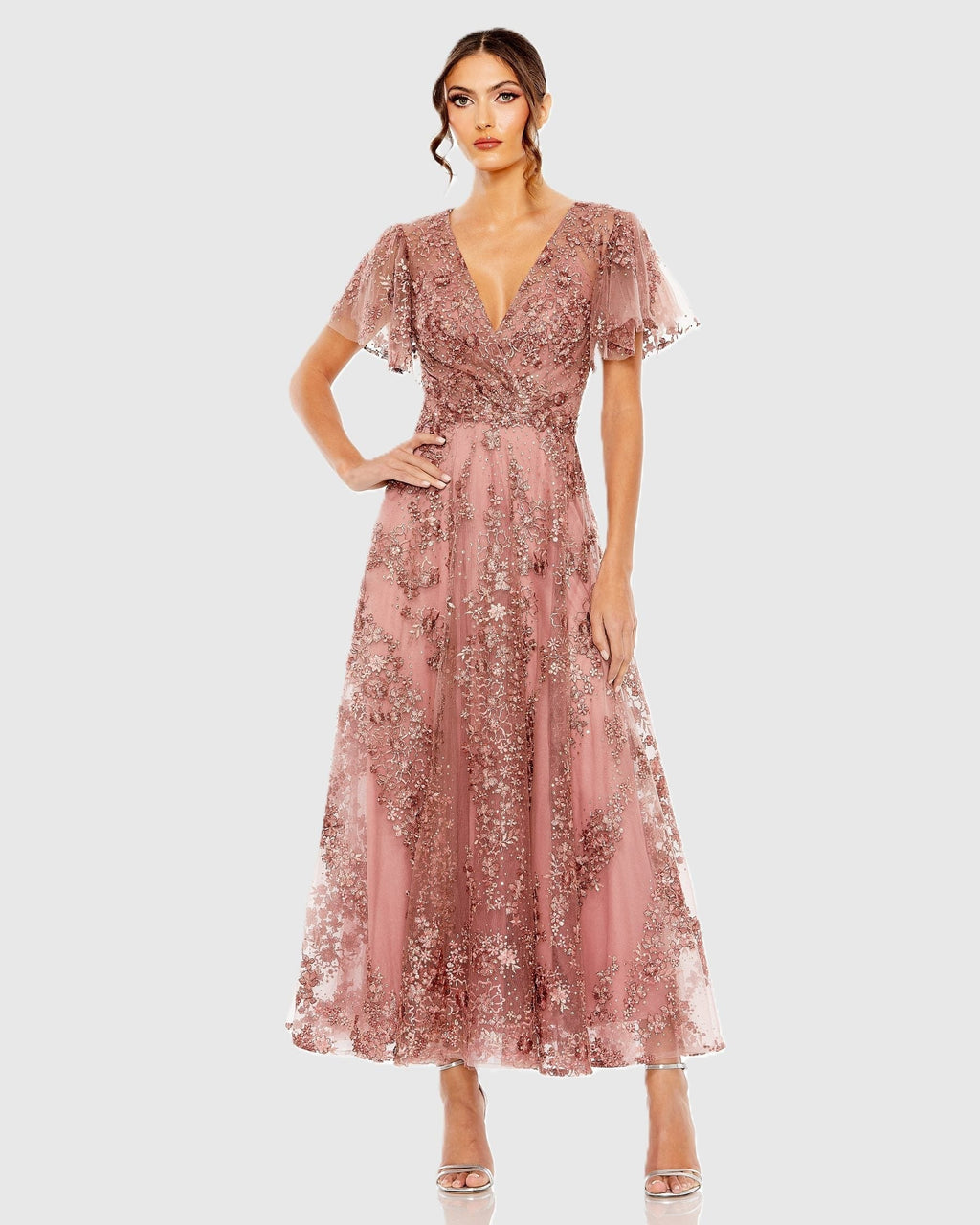 Embroidered Flutter Sleeve A Line Dress