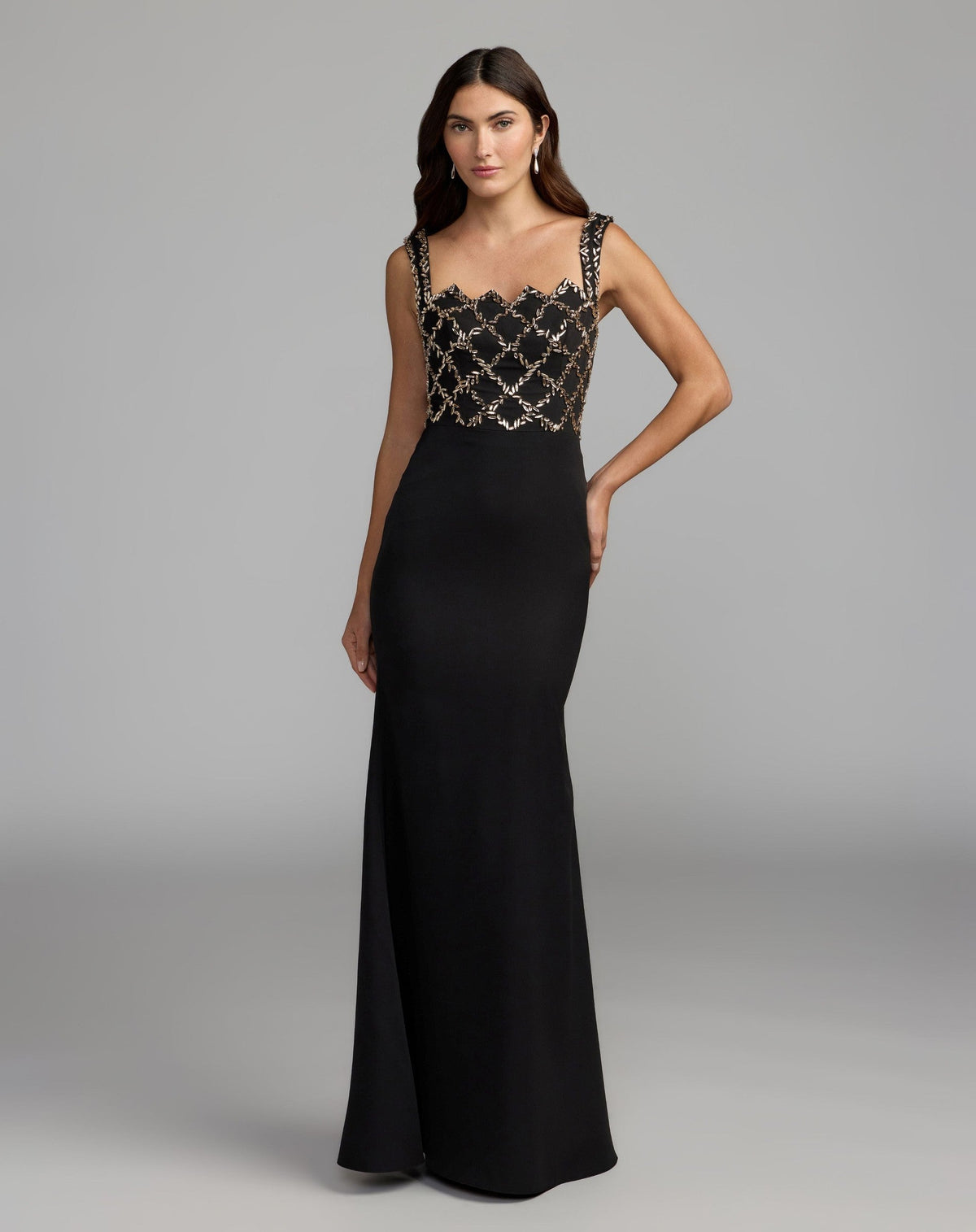 Petite Black Gold Embellished Square Neck Column Gown