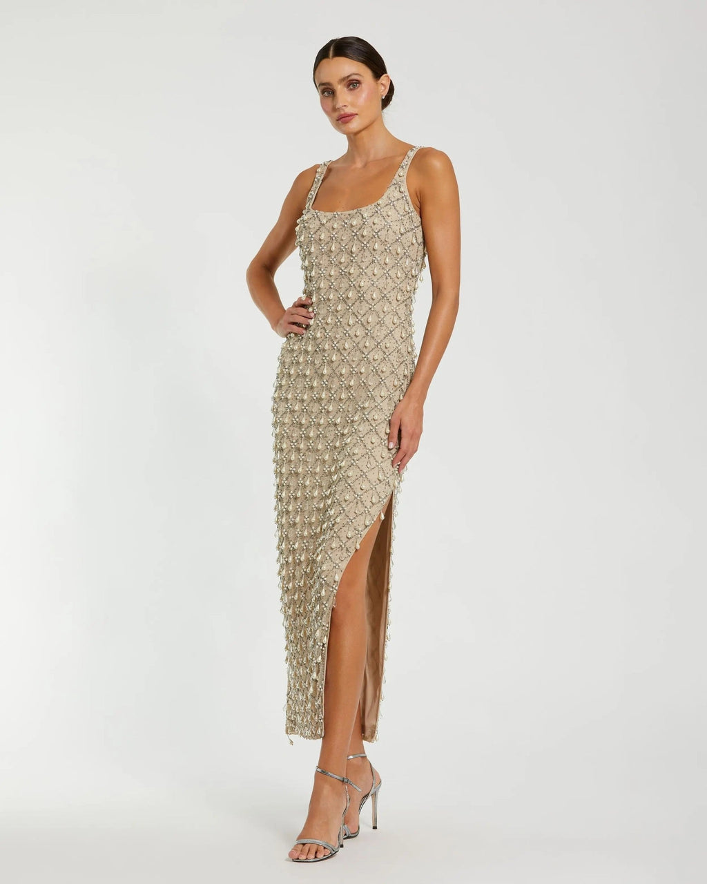 Nude Silver Pearl Embellished Scoop Neck Midi Dress